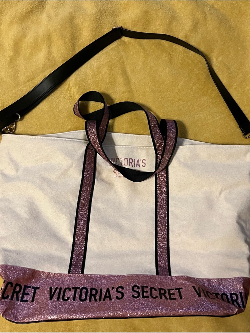 Victoria's Secret White Tote with Pink Glitter Accents